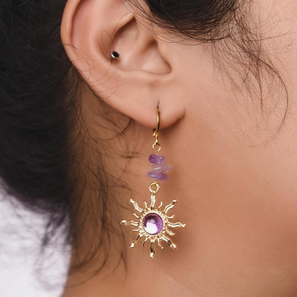 Hippie Boho Sun Crystal Hoop Earrings Summer Jewelry Gift for Women - Picture 2 of 6